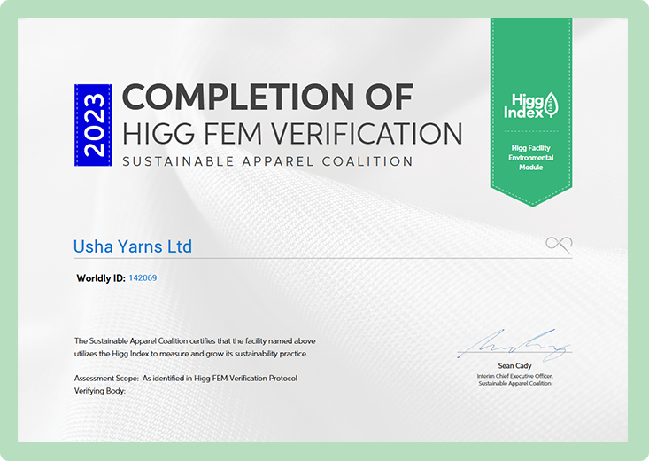 higg fem certificate usha yarns ltd