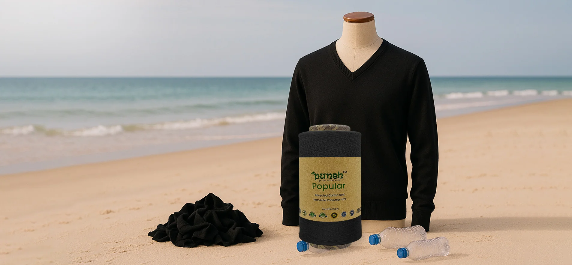 Recycled yarn banner by Usha Yarns featuring recycled cotton polyester yarns, sustainable fabrics, dyed yarns, and recycled materials for sustainable clothing brands.